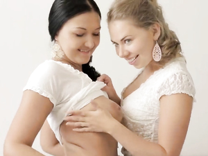 Girls Kiss For Him Before A Delightful Threesome